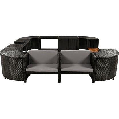 Spa Surround Spa Frame Quadrilateral Outdoor Rattan Sectional Sofa Set with Mini Sofa, Wooden Seats and Storage Spaces, Grey