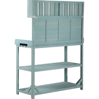 65" Large Wooden Farmhouse Rustic Outdoor Potting Bench Table, Patio Workstation, Garden Potting Bench with 4 Storage Shelves and Side Hook,Green