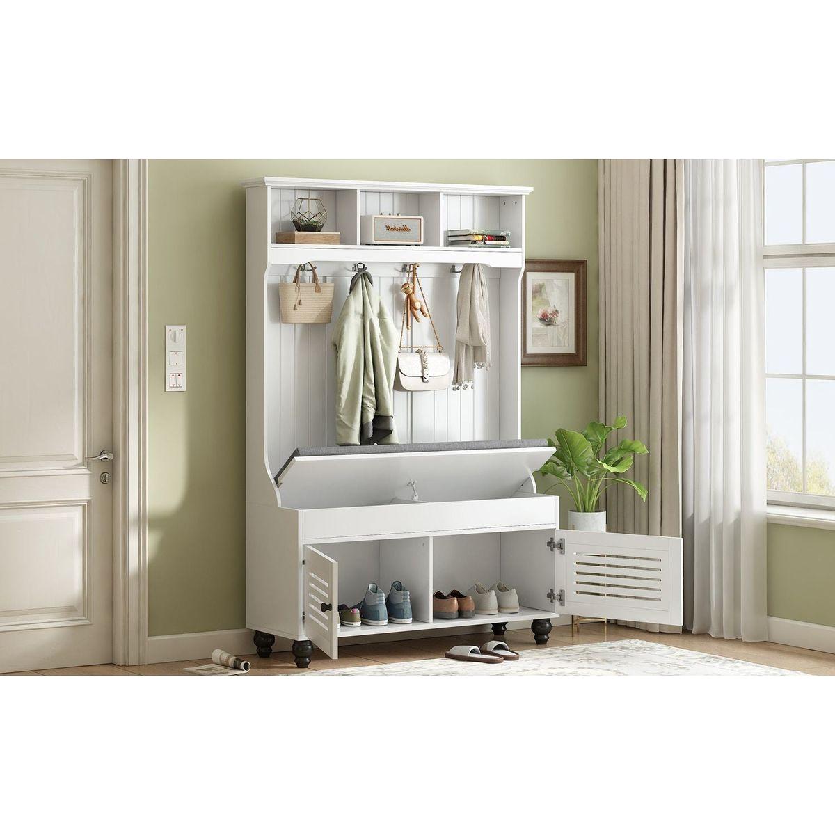5-in-1 Entryway Bench with Shutter-shaped doors, Coat Rack, Cushion and 4 Sturdy Hooks, 47.2" Wide Hall Tree with Storage Bench for Hallway, Entryway, Living Room