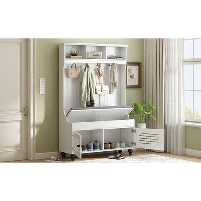 5-in-1 Entryway Bench with Shutter-shaped doors, Coat Rack, Cushion and 4 Sturdy Hooks, 47.2" Wide Hall Tree with Storage Bench for Hallway, Entryway, Living Room