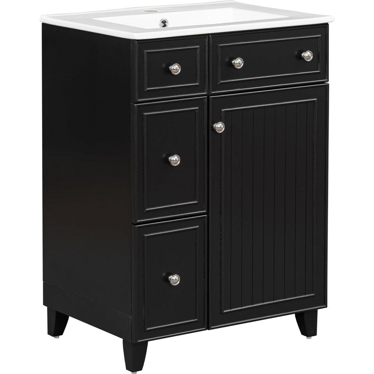 24-Inch Bathroom Vanity Cabinet with Ceramic Sink, 2 Drawers, 1 Door