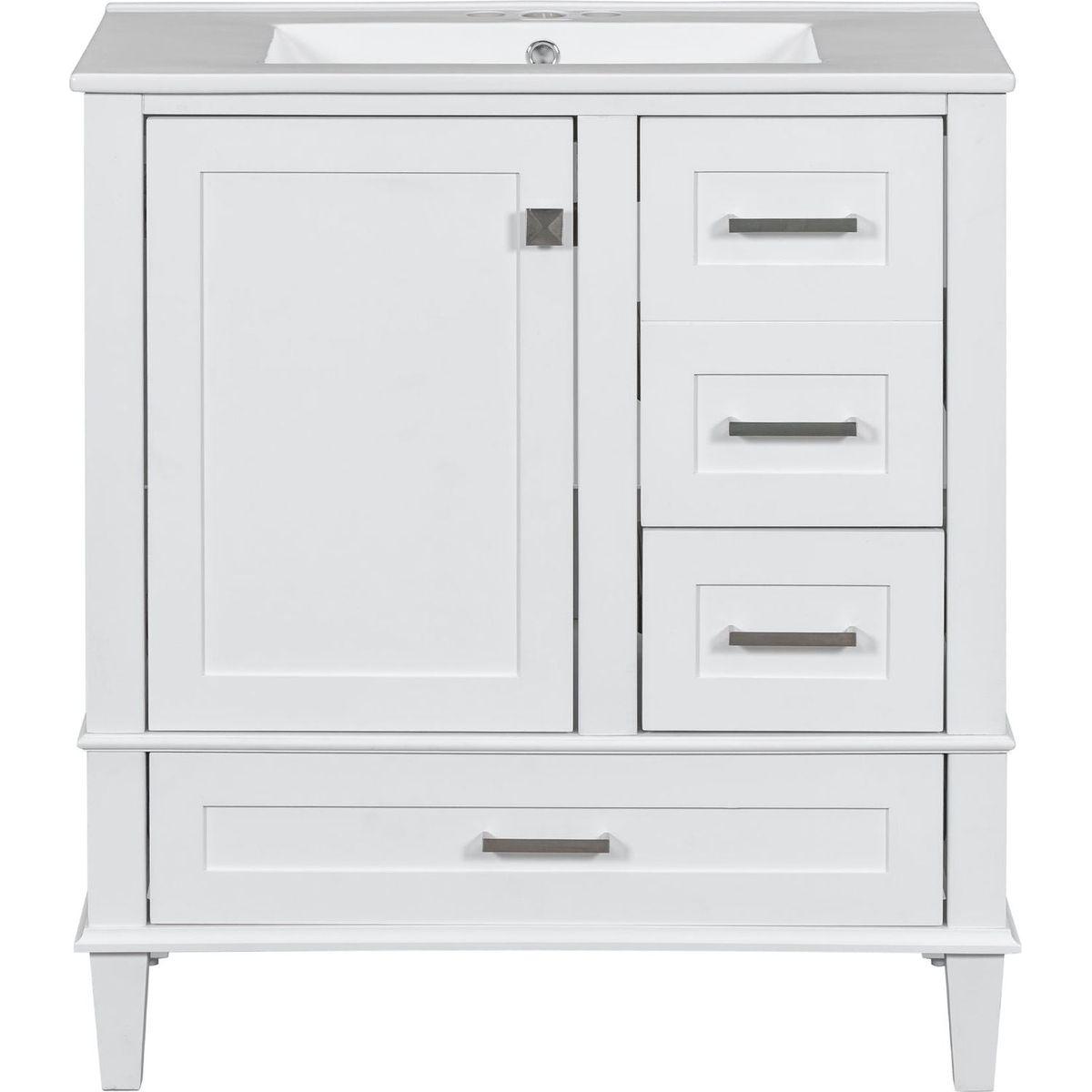 30" Bathroom Vanity, Modern Bathroom Cabinet with Sink Combo Set, Bathroom Storage Cabinet with a Soft Closing Door and 3 Drawers, Solid Wood Frame(White)