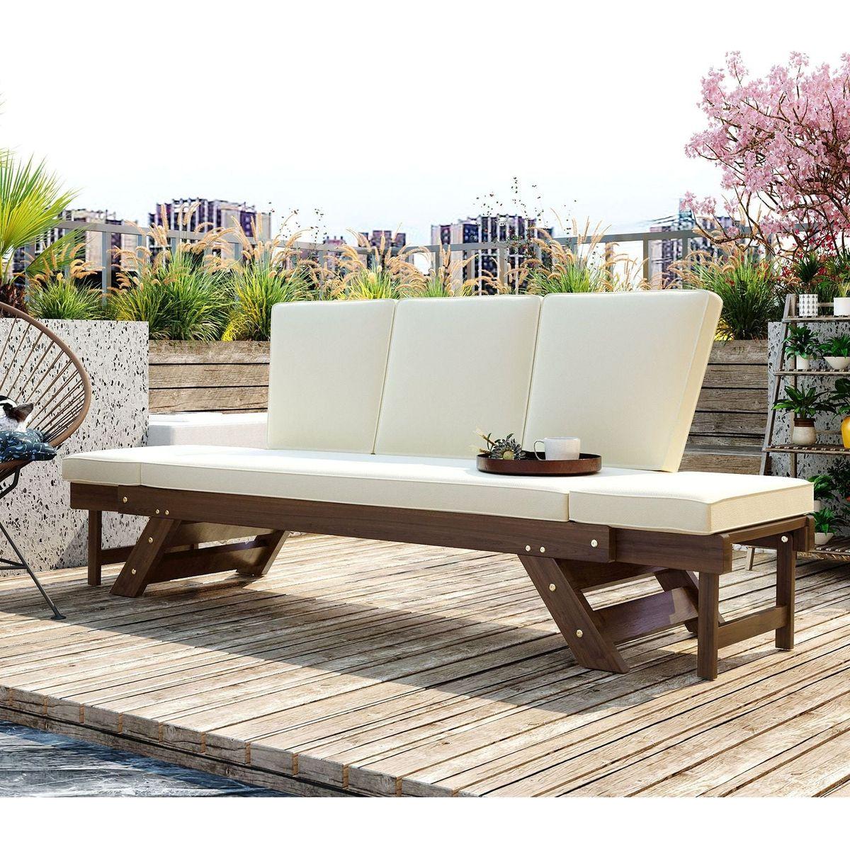 Outdoor Adjustable Patio Wooden Daybed Sofa Chaise Lounge with Cushions for Small Places, Brown Finish+Beige Cushion