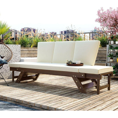 Outdoor Adjustable Patio Wooden Daybed Sofa Chaise Lounge with Cushions for Small Places, Brown Finish+Beige Cushion