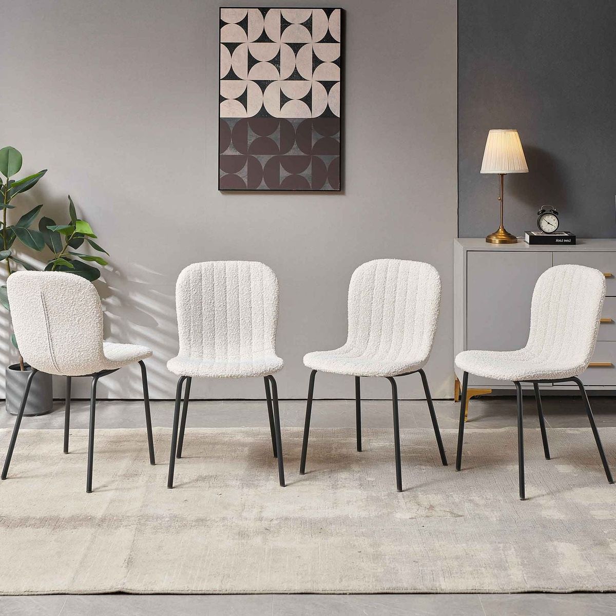 Off White Boucle Dining Chairs Set of 4,Mid-Century Modern Upholstered PU Leather Chairs,for Kitchen Dining Room