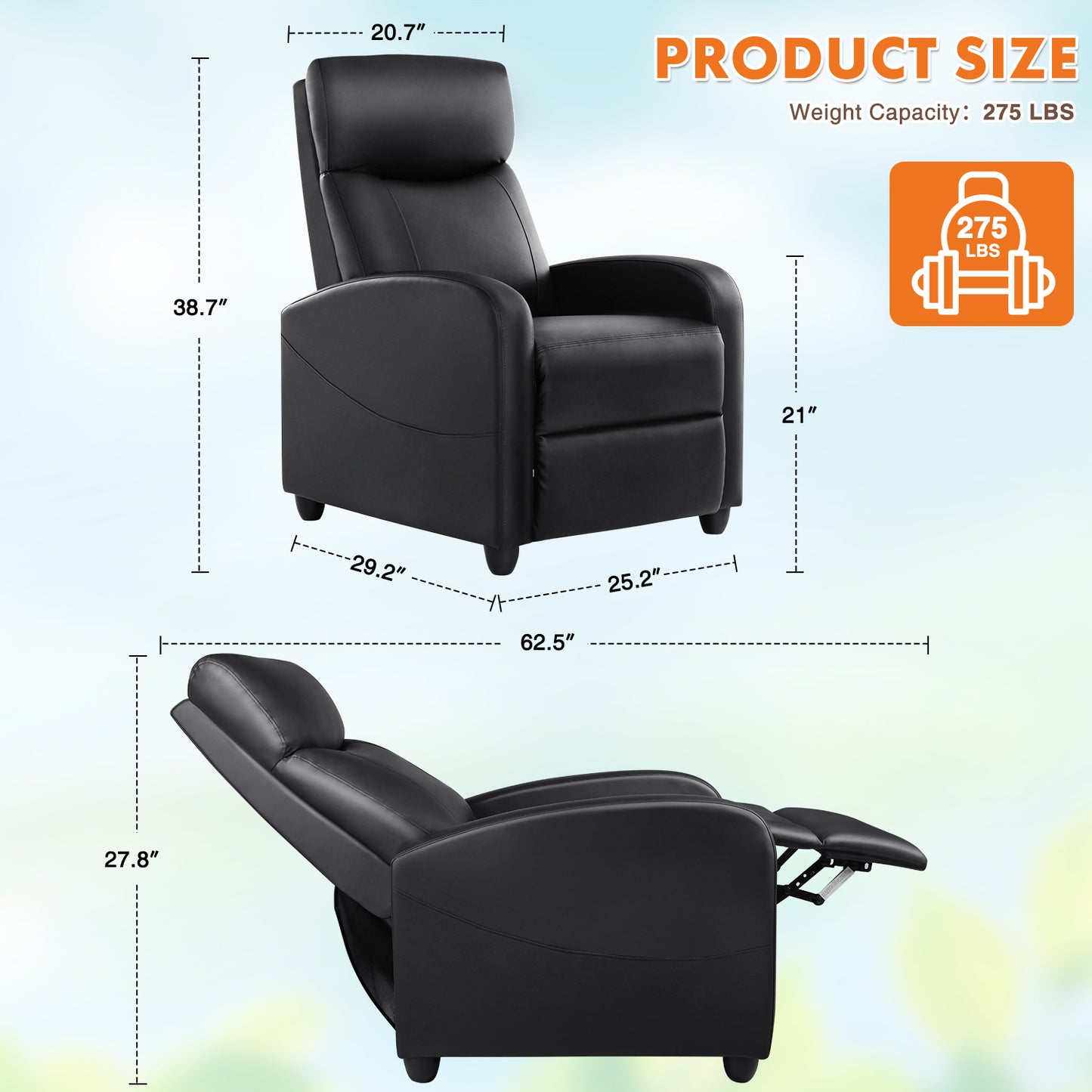 Recliner Chair for Living Room Massage PU Leather Recliner Sofa Home Theater Seating with Lumbar Support