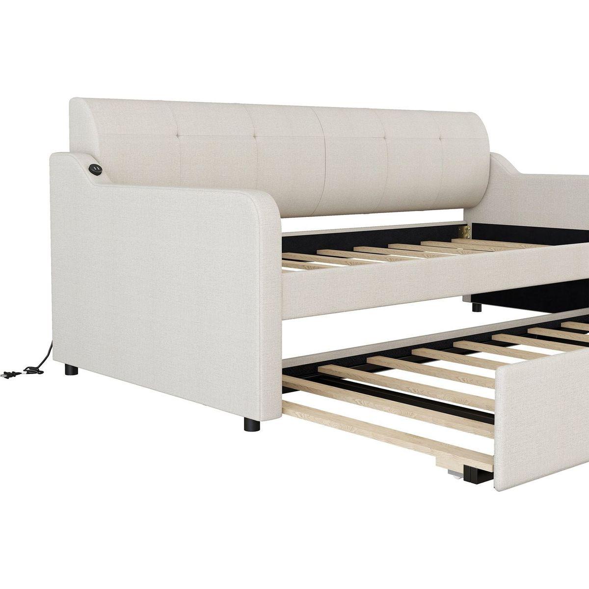 Twin Size Upholstery Daybed with Trundle and USB Charging Design,Trundle can be flat or erected,Beige