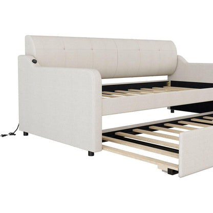 Twin Size Upholstery Daybed with Trundle and USB Charging Design,Trundle can be flat or erected,Beige