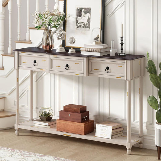 Console Table Sofa Table with Drawers for Entryway with Projecting Drawers and Long Shelf (Beige