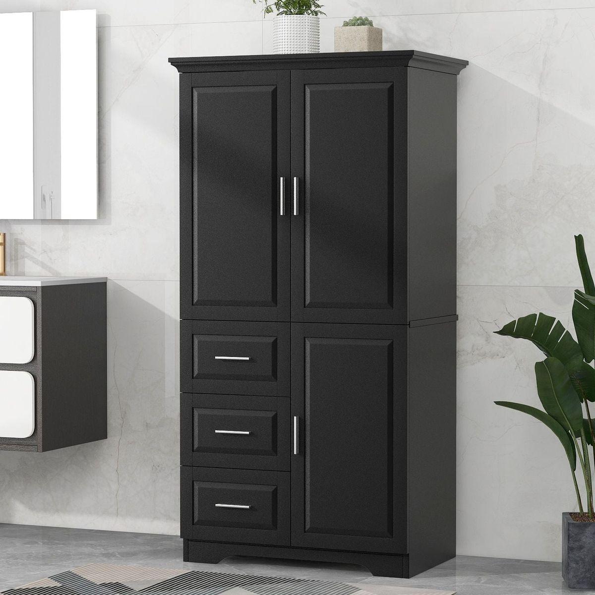 Tall and Wide Storage Cabinet with Doors for Bathroom/Office, Three Drawers, Black