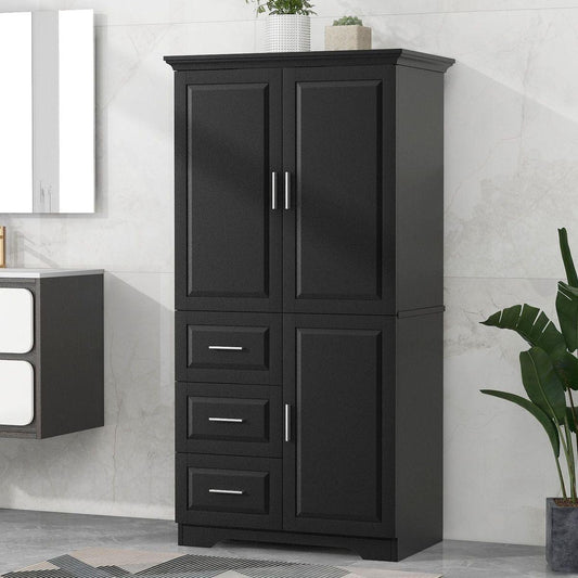 Tall and Wide Storage Cabinet with Doors for Bathroom/Office, Three Drawers, Black