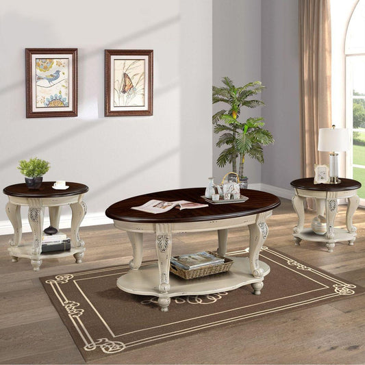 Living Room Coffee Table Set, Coffee Table & Two End Side Table 3-Piece Set for Office, Living Room, Apartment, Beige and Espresso Top