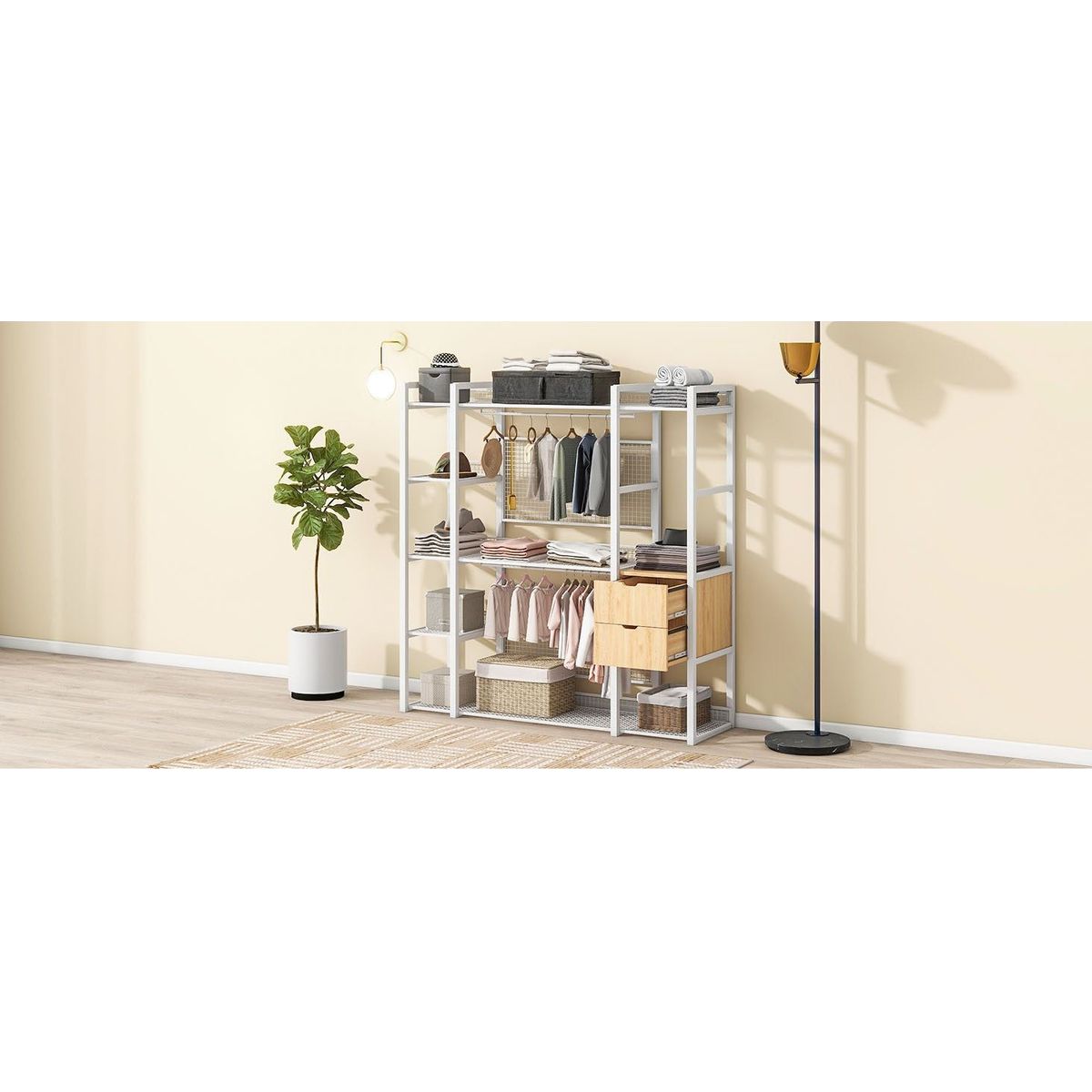 Open-Style Wardrobe with Hanging Rails, Shelves and Drawers, White