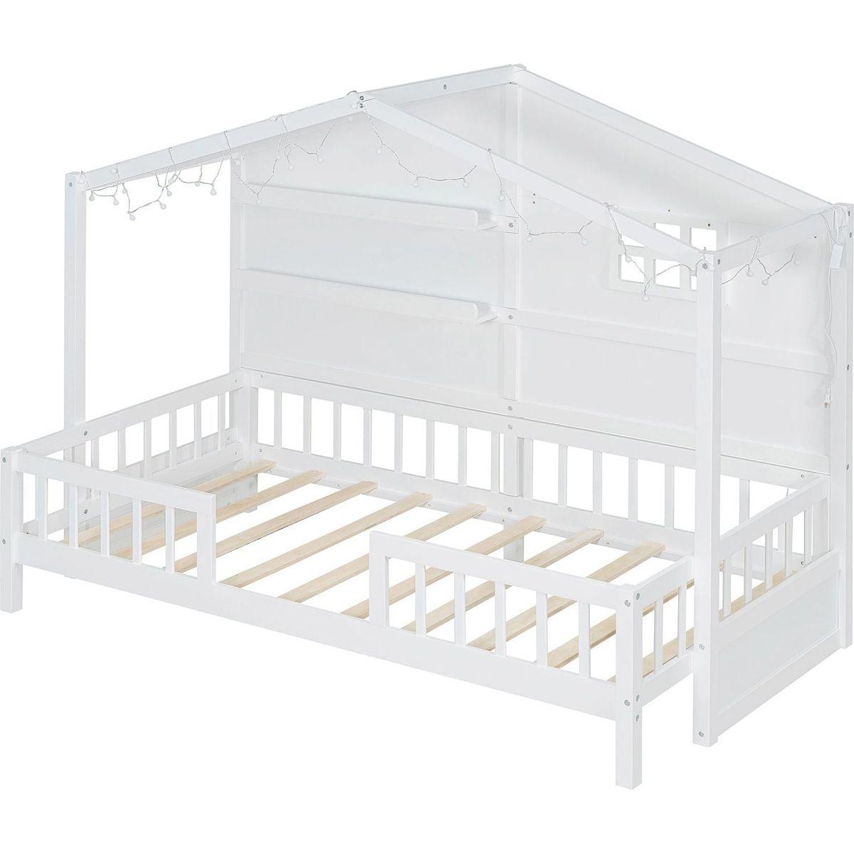 Twin Size House Bed with Shelves, House Bed with Window and Sparkling Light Strip on the Roof, White