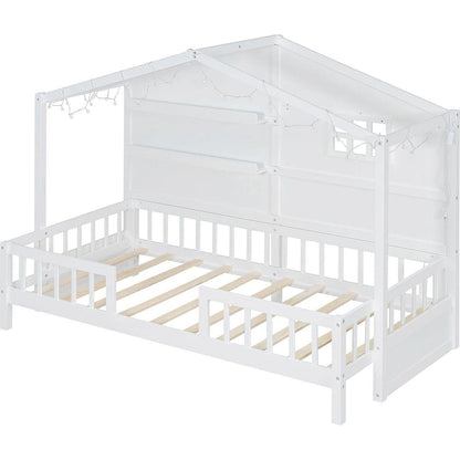 Twin Size House Bed with Shelves, House Bed with Window and Sparkling Light Strip on the Roof, White
