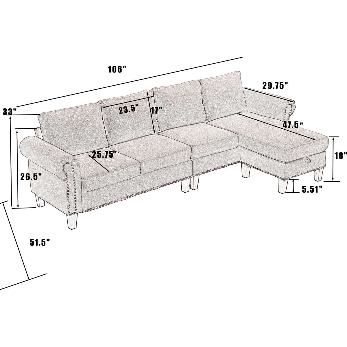 Convertible Sectional Sofa with Storage,L-shaped sofa,Four-seater sofa,Modern Linen Fabric Sectional Couches for Living Room, Beige