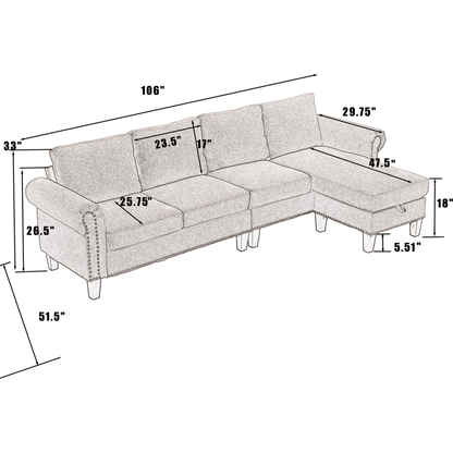 Convertible Sectional Sofa with Storage,L-shaped sofa,Four-seater sofa,Modern Linen Fabric Sectional Couches for Living Room, Beige