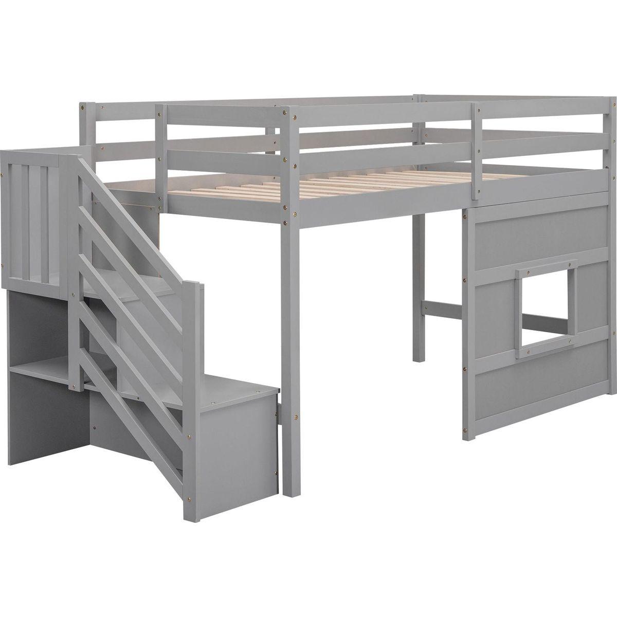 Twin Size Loft Bed with Storage Staircase and Window, Gray