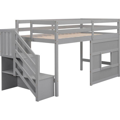 Twin Size Loft Bed with Storage Staircase and Window, Gray