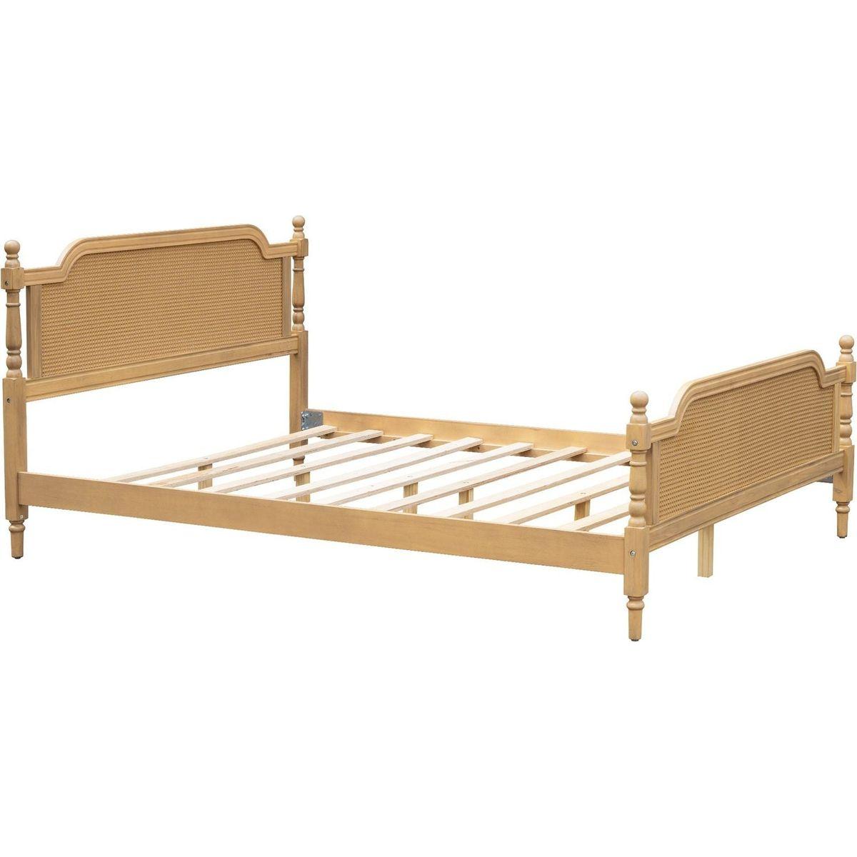 Traditional Style Rattan Queen Size Bed Frame,No Box Spring Needed,Antique Walnut