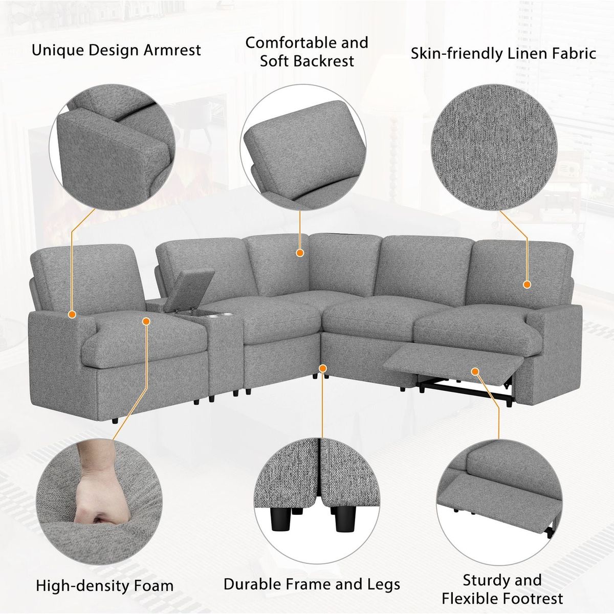 104" Power Recliner Corner Sofa Home Theater Reclining Sofa Sectional Couches with Storage Box, Cup Holders, USB Ports and Power Socket for Living Room, Grey