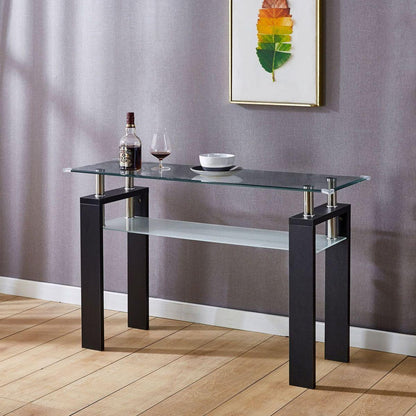 Black MDF Console Table, Tempered Glass Top, Modern Foyer Area Table