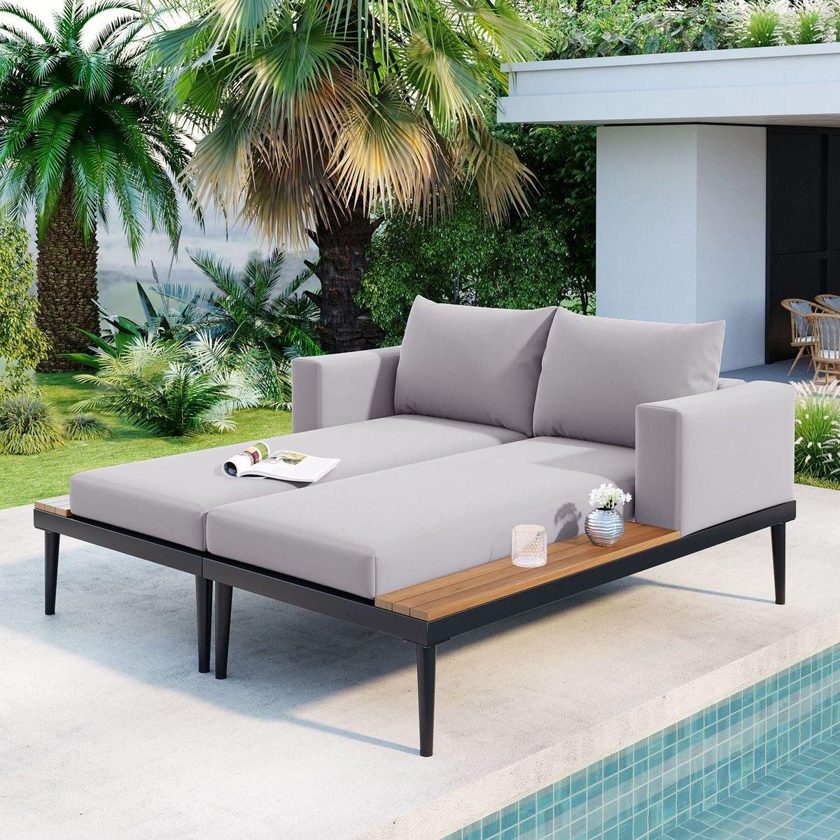 Modern Outdoor Daybed Patio Metal Daybed with Wood Topped Side Spaces for Drinks, 2 in 1 Padded Chaise Lounges for Poolside, Balcony, Deck, Gray