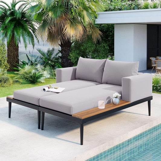 Modern Outdoor Daybed Patio Metal Daybed with Wood Topped Side Spaces for Drinks, 2 in 1 Padded Chaise Lounges for Poolside, Balcony, Deck, Gray