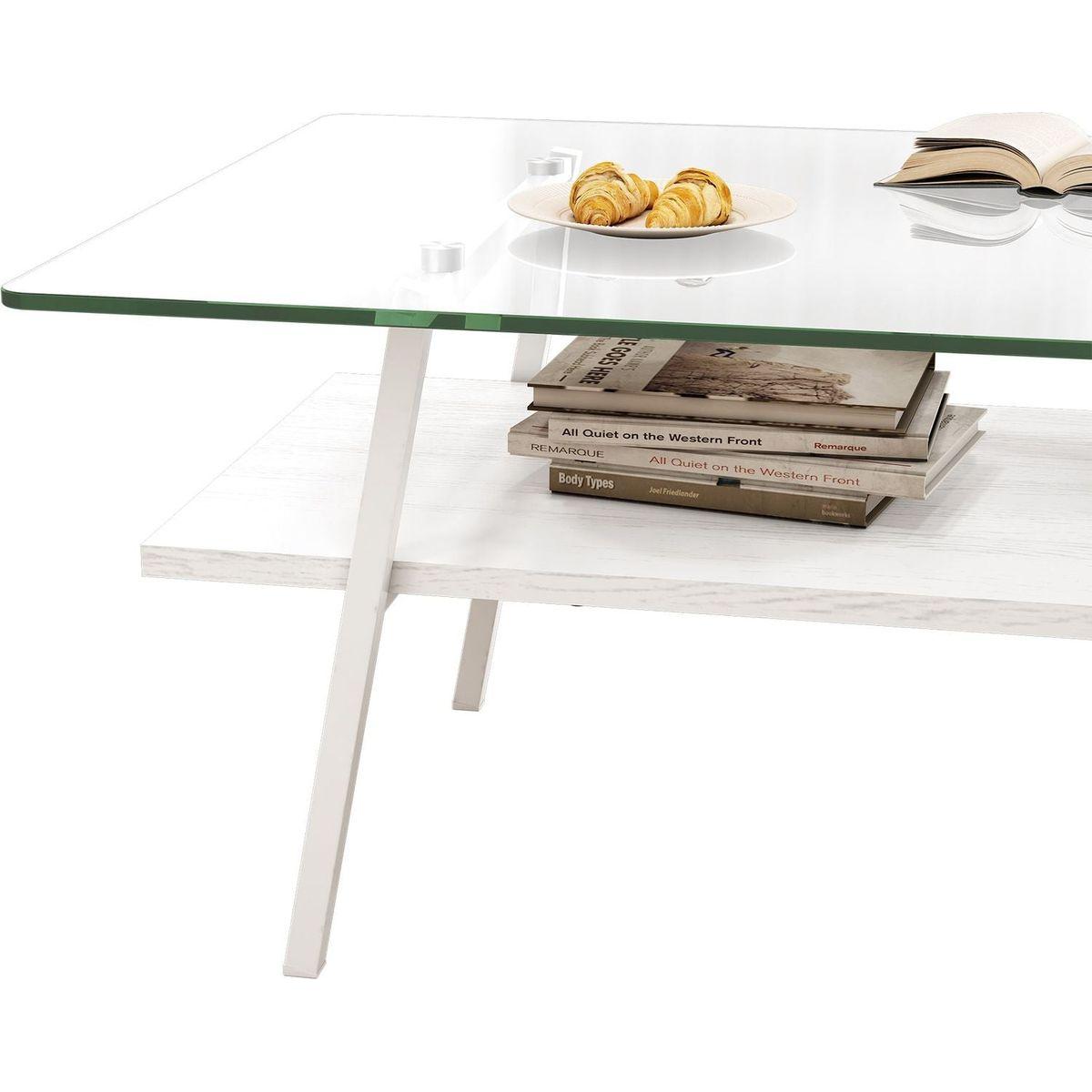 Rectangle Coffee Table, Tempered Glass Tabletop with White Metal Legs, Modern Table for Living Room, Transparent Glass