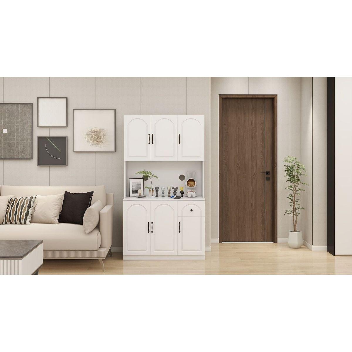 71" Kitchen Pantry Storage Cabinet with Microwave Oven Countertop, Freestanding Hutch Cabinet with Adjustable Shelves, 6 Doors and 1 Drawer-White