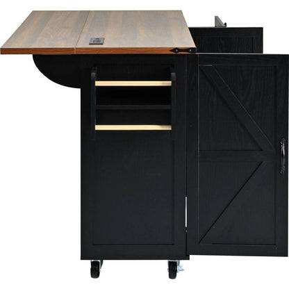 54.5" Farmhouse Kitchen Island with Power Outlet, Kitchen Storage Island with Internal Storage Rack, Drop Leaf, Spice Rack, Rolling Kitchen Cart on Wheels, for Home, Kitchen and Dining Room,Black