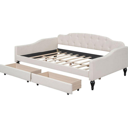Full Size Upholstered Tufted Daybed with Two Drawers, Beige