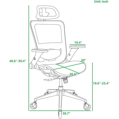 GREY Ergonomic Mesh Office Chair, High Back - Adjustable Headrest with Flip-Up Arms, Tilt and lock Function, Lumbar Support and blade Wheels, KD chrome metal legs