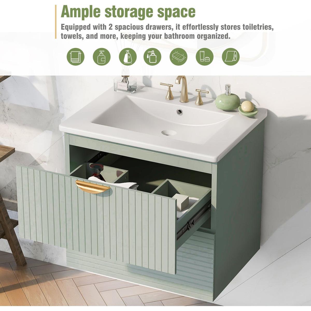 Modern 24-Inch Wall-Mounted Bathroom vanity with 2 Drawers, Green - Ideal for Small Bathrooms