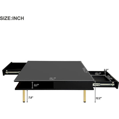 Exquisite High Gloss Coffee Table with 4 Golden Legs and 2 Small Drawers, 2-Tier Square Center Table for Living Room, Black