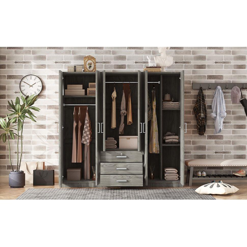 6-Doors Wooden Wardrobe Storage for Bedroom, with Big Drawers, Gray