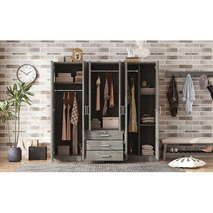 6-Doors Wooden Wardrobe Storage for Bedroom, with Big Drawers, Gray
