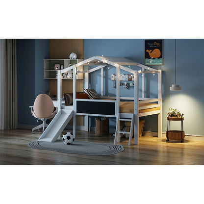 Twin Size Loft Bed with Ladder and Slide, House Bed with Blackboard and Light Strip on the Roof, White