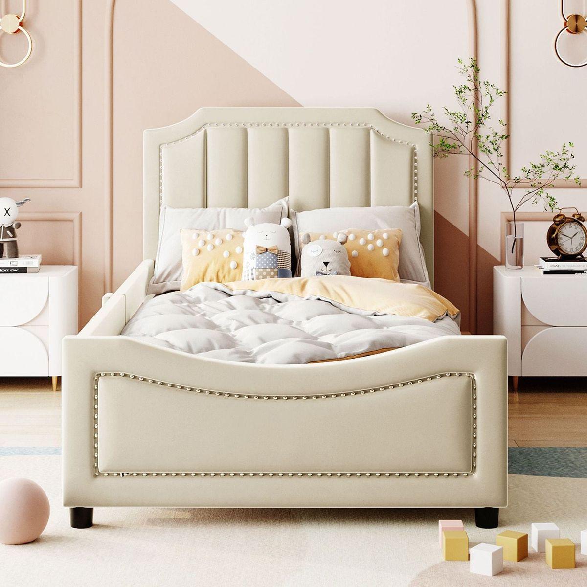 Twin Size Upholstered Daybed with Classic Stripe Shaped Headboard, Beige