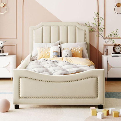 Twin Size Upholstered Daybed with Classic Stripe Shaped Headboard, Beige