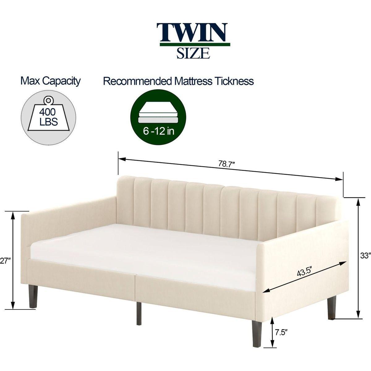 Elena Twin Size Beige Velvet Upholstered Daybed, Ribbed Tufted Backrest, Daybed in Lavish Modern Design, Richly Hued Foam Comfort
