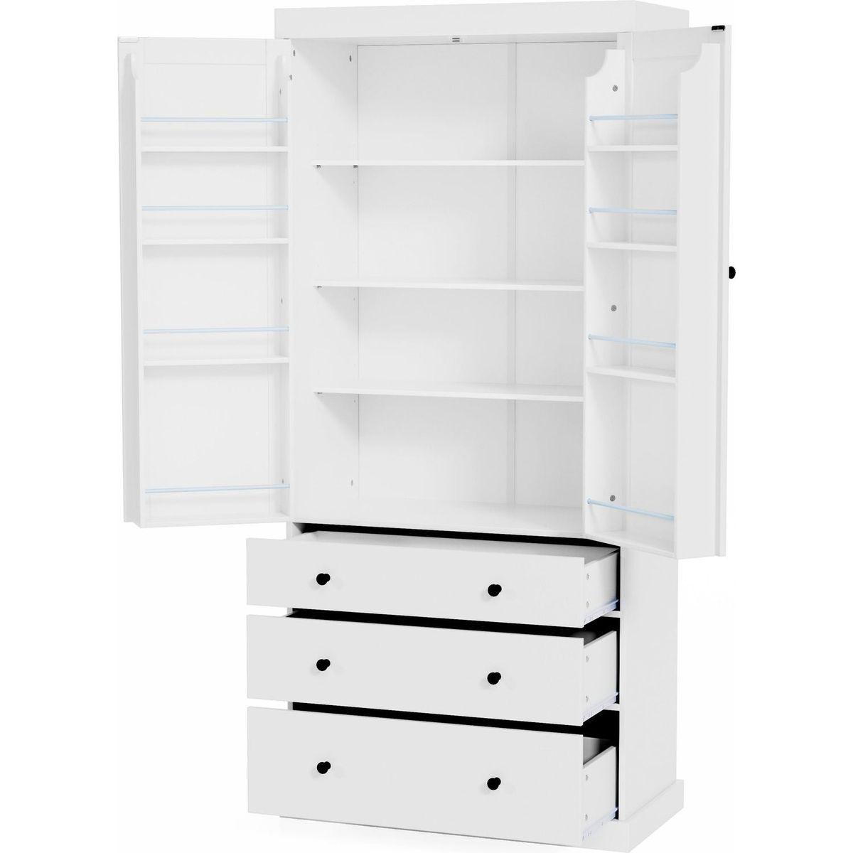 [Assembly Video Provided]77inch Farmhouse Kitchen Pantry, Freestanding Tall Cupboard Storage Cabinet with 3 Adjustable Shelves, 8 Door Shelves, 3 Drawers for Kitchen, Dining Room, White