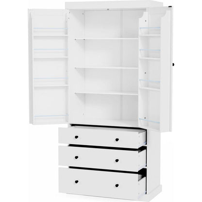 [Assembly Video Provided]77inch Farmhouse Kitchen Pantry, Freestanding Tall Cupboard Storage Cabinet with 3 Adjustable Shelves, 8 Door Shelves, 3 Drawers for Kitchen, Dining Room, White