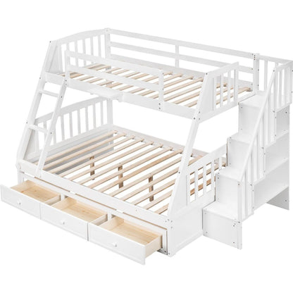 Twin-Over-Full Bunk Bed with Drawers氓Ladder and Storage Staircase, White