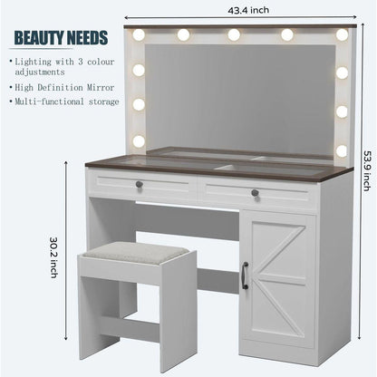 43.4"Makeup Vanity Table, Makeup Table with Large Mirror and 11 LED Light, Brightness Adjustable, Dressing Table Desk with 3 Drawers, Vanity Desk for Women(White with Stool)