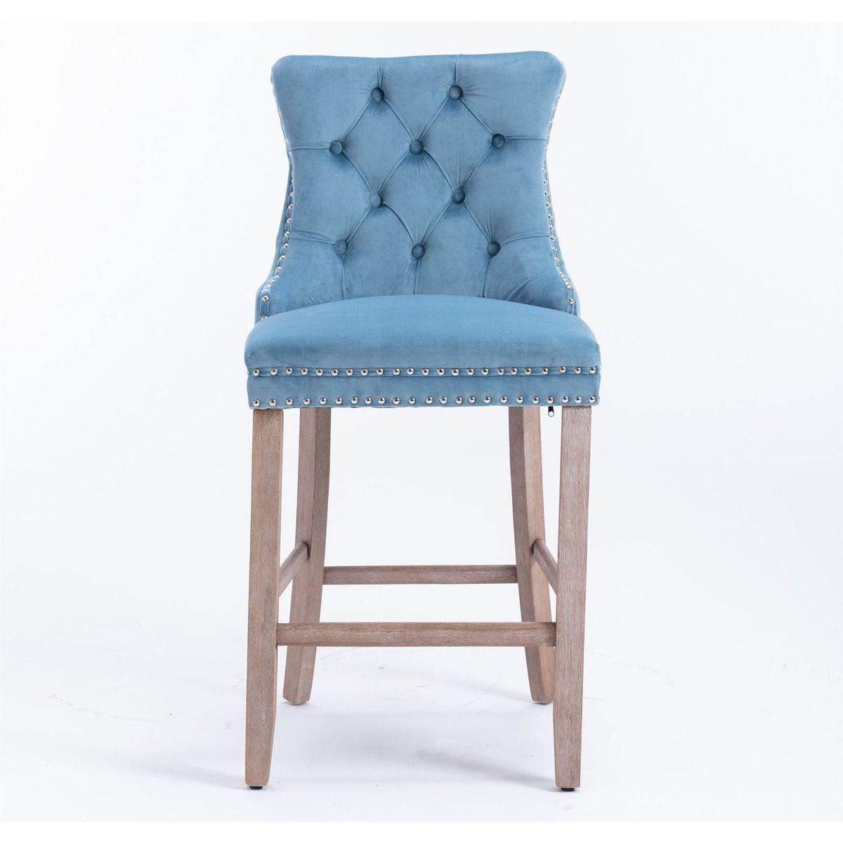 Contemporary Velvet Upholstered Barstools with Button Tufted Decoration and Wooden Legs, and Chrome Nailhead Trim, Leisure Style Bar Chairs,Bar stools, Set of 2 (Light Blue)