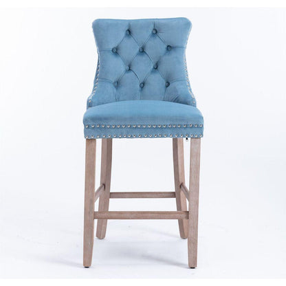Contemporary Velvet Upholstered Barstools with Button Tufted Decoration and Wooden Legs, and Chrome Nailhead Trim, Leisure Style Bar Chairs,Bar stools, Set of 2 (Light Blue)
