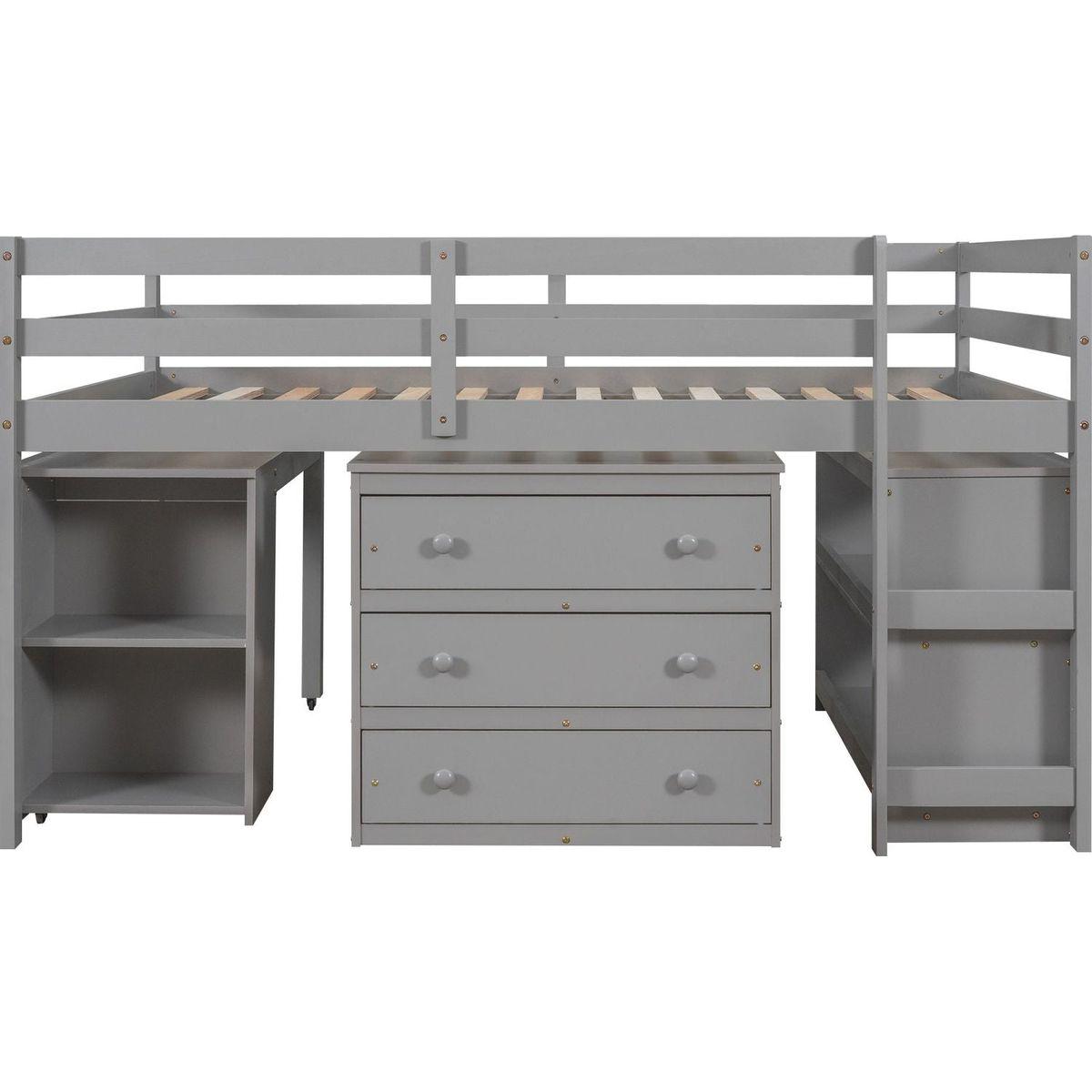 Low Study Full Loft Bed with Cabinet, Shelves and Rolling Portable Desk, Multiple Functions Bed- Gray