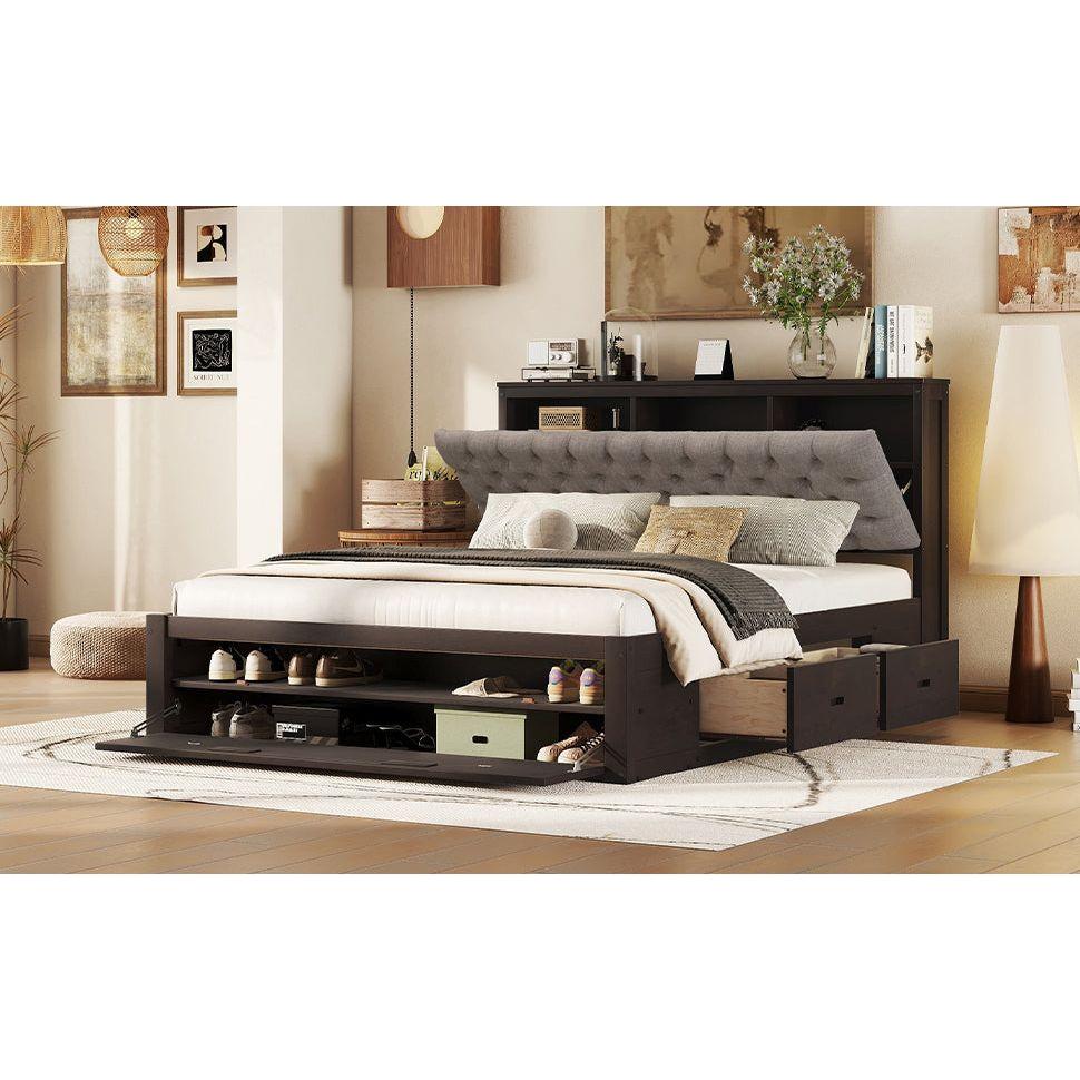 Wood Queen Size Platform Bed with Storage Headboard, shoe rack and 4 drawers,Espresso