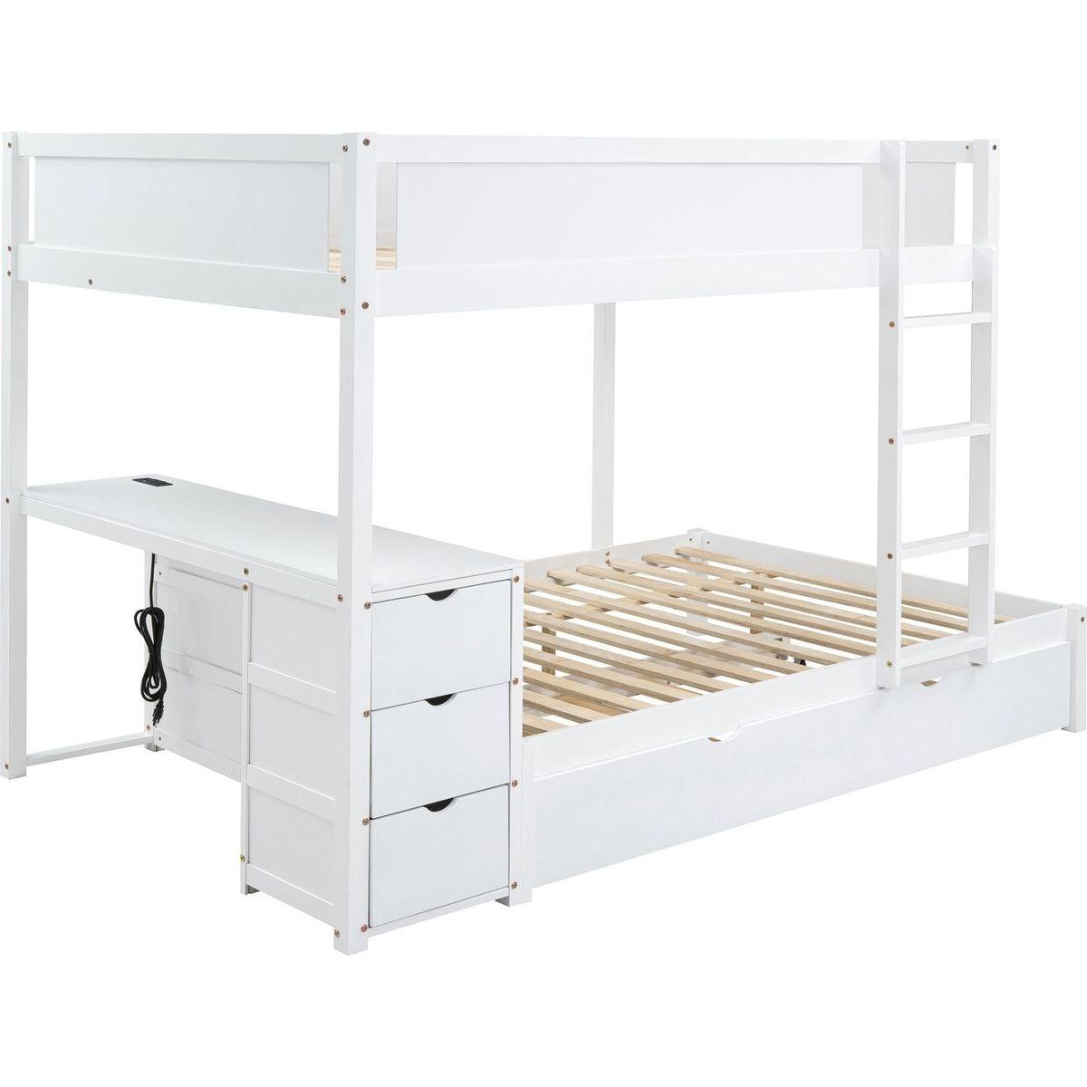 Full-Over-Full Bunk Bed with Twin size Trundle, Storage and Desk, White
